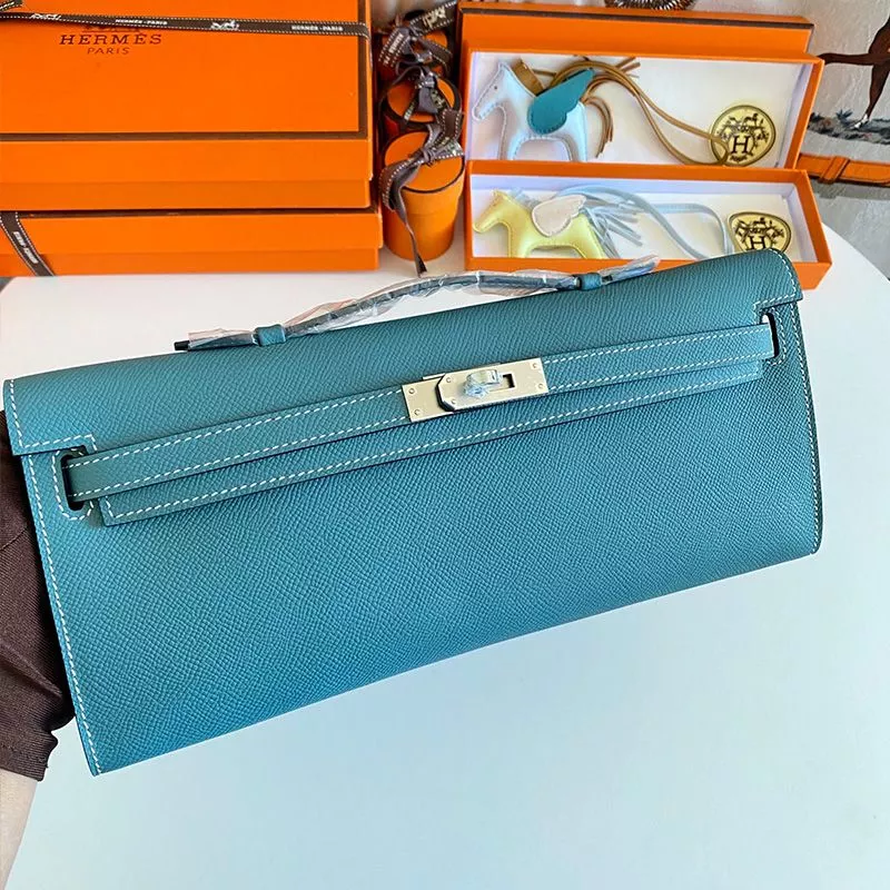 Affordable Hermes Kelly Cut Clutch Epsom Leather Palladium Hardware In Teal 0119