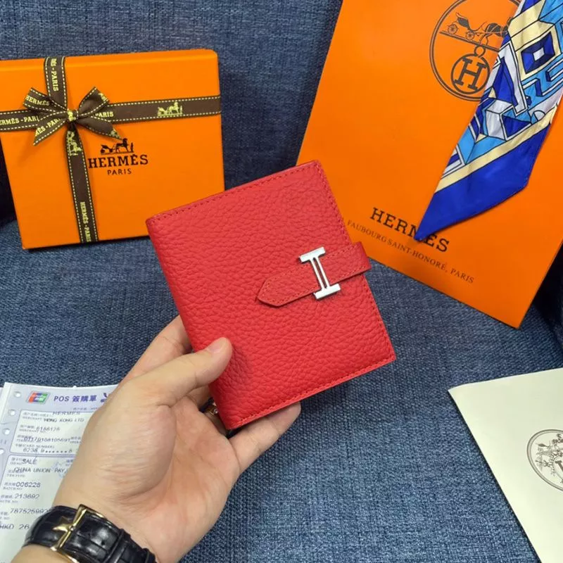 Hermes Bearn Compact Wallet Togo Leather Palladium Hardware In Red 0117