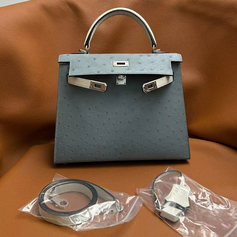 Affordable Hermes Kelly Bag Ostrich Leather Palladium Hardware In Sky Blue White 0118