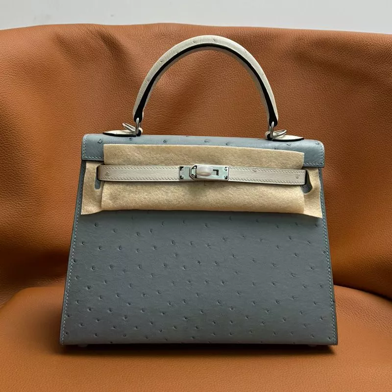 Hermes Kelly Bag Ostrich Leather Palladium Hardware In Sky Blue White 0118