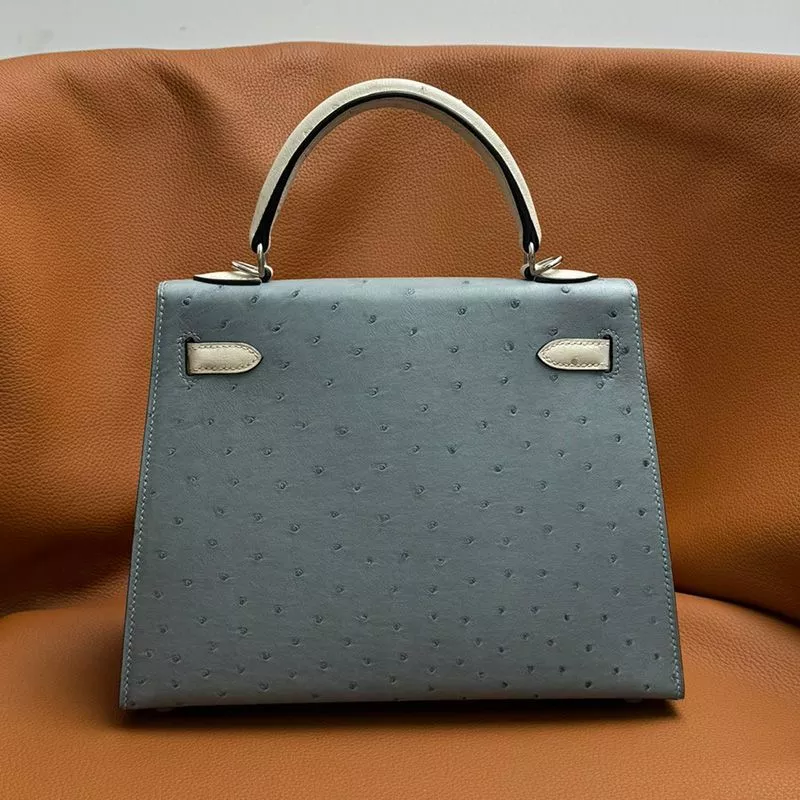 Affordable Hermes Kelly Bag Ostrich Leather Palladium Hardware In Sky Blue White 0118