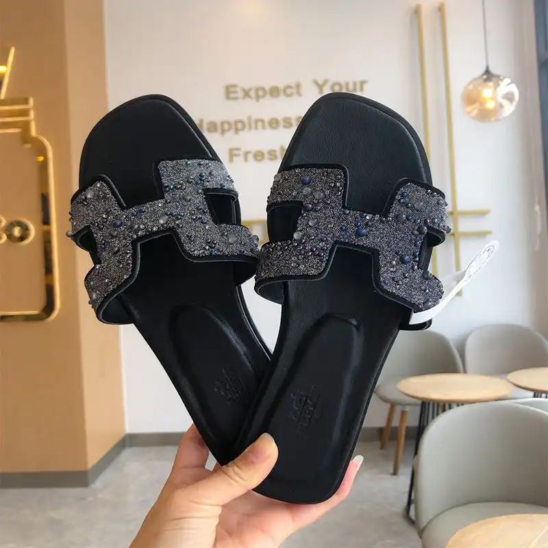 Affordable Hermes Oran Slides Women Glitter Leather With Pearl In Black Blue 0131