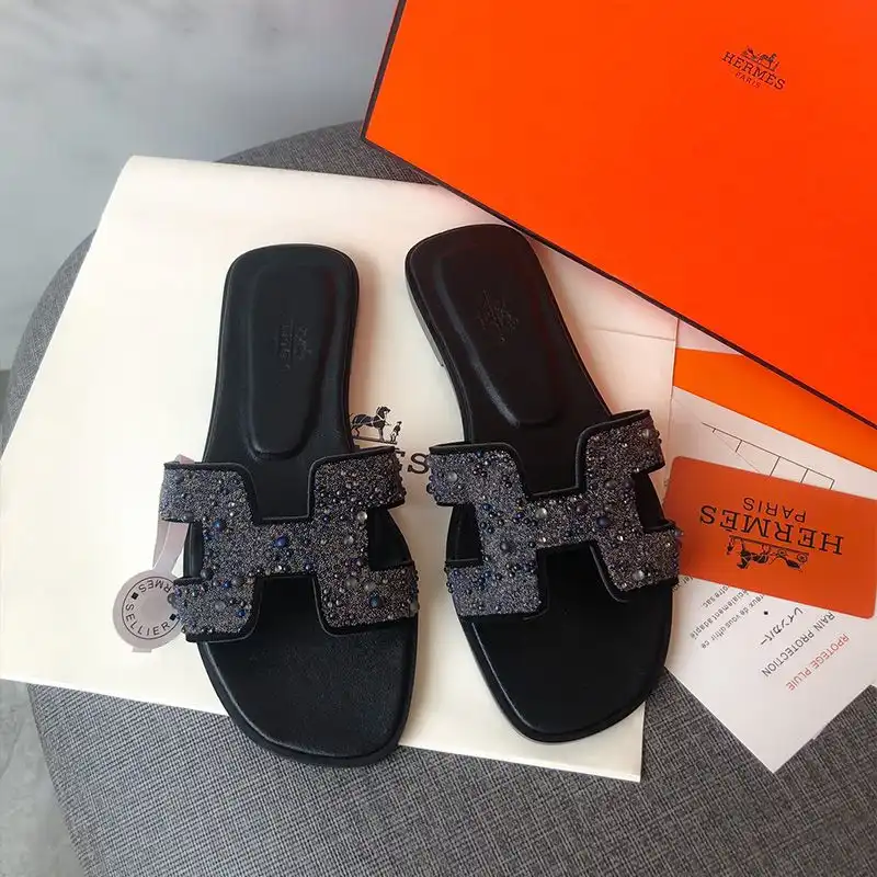 Affordable Hermes Oran Slides Women Glitter Leather With Pearl In Black Blue 0131