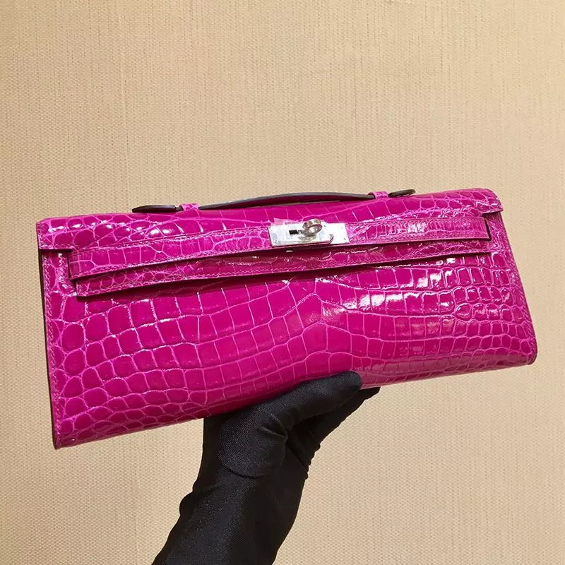 Hermes Kelly Cut Clutch Shinny Crocodile Leather palladium Hardware In Purple 0117