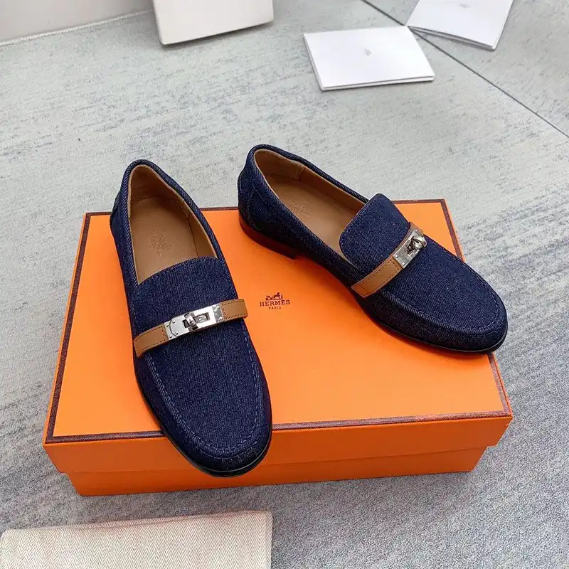 Cheap Hermes Destin Loafers Women Denim Canvas with Kelly Buckle In Navy Blue 0205