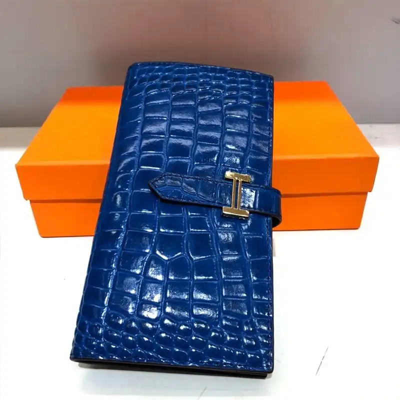 Affordable Hermes Bearn Wallet Alligator Leather Gold Hardware In Blue 0201