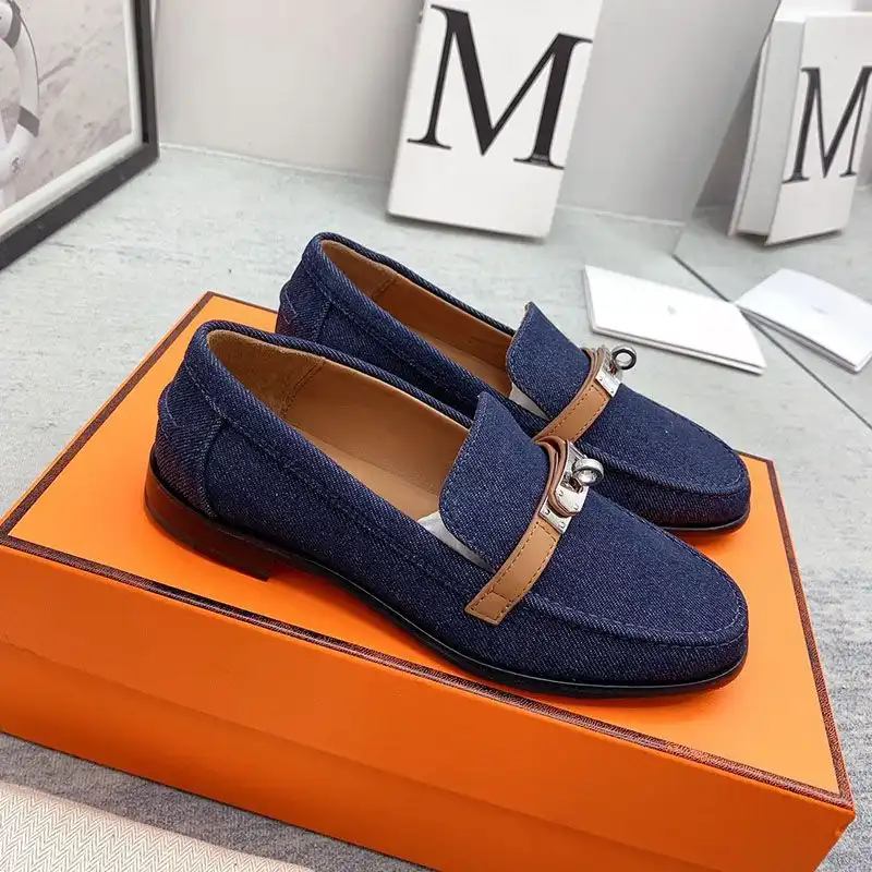 Cheap Hermes Destin Loafers Women Denim Canvas with Kelly Buckle In Navy Blue 0205