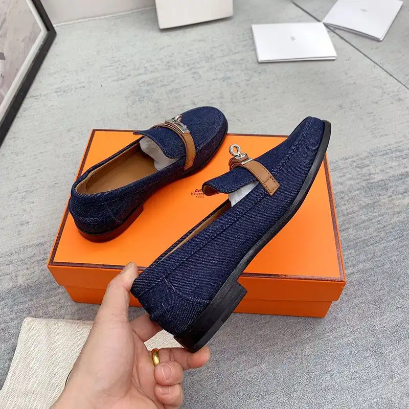 Cheap Hermes Destin Loafers Women Denim Canvas with Kelly Buckle In Navy Blue 0205